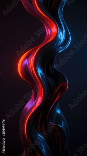 Abstract fluid organic shape with glossy black surface reflects vibrant red and blue neon light on dark background. 