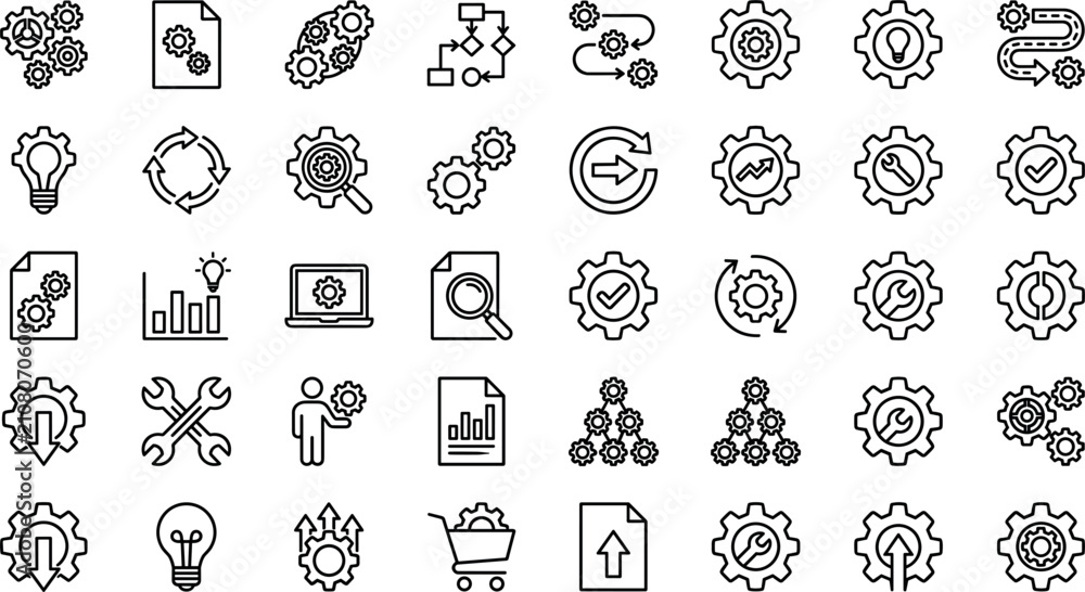 Fototapeta premium Business Process Optimization and Operations Management Icon Set with Gear Symbols for Workflow Automation System Integration and Technical Development Solutions