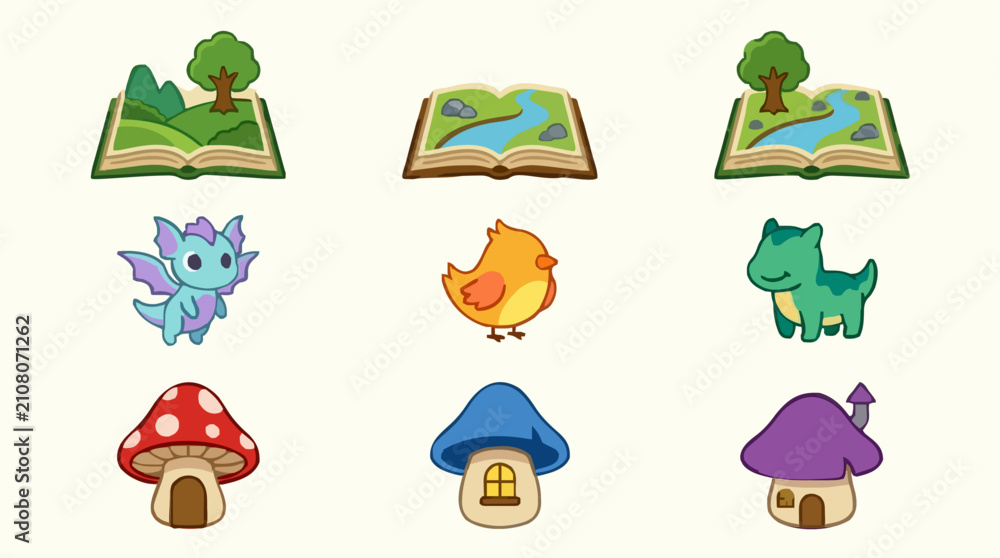 Fototapeta premium Vector Icon Sheet of a Fantasy Landscape with an Enchanted Forest, Cute Mythical Creatures, and Mushroom Houses, Flat Design Style