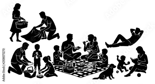 Εκτύπωση καμβά Diverse Family Picnic Scenes, Outdoor Leisure Activities, Silhouette Vector Set,