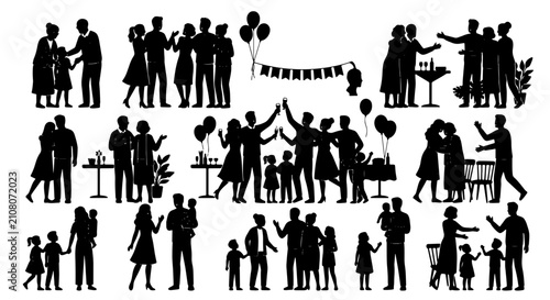 Silhouette people party collection, diverse family and friends celebrating at social events, black vector figures of crowd gathering