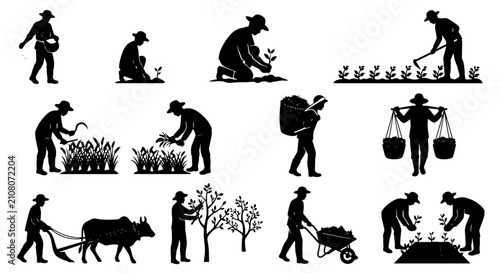 Fotografía Traditional farming silhouettes set, black agricultural worker icons, vintage ru