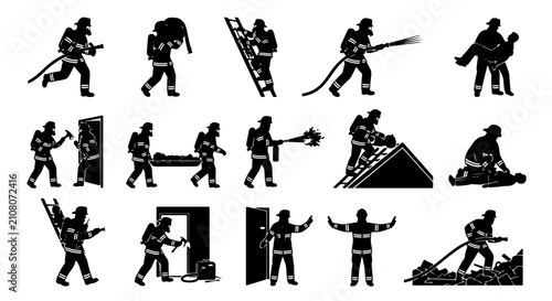Photos Firefighter silhouette set with 15 icons, emergency rescue workers in action, fi