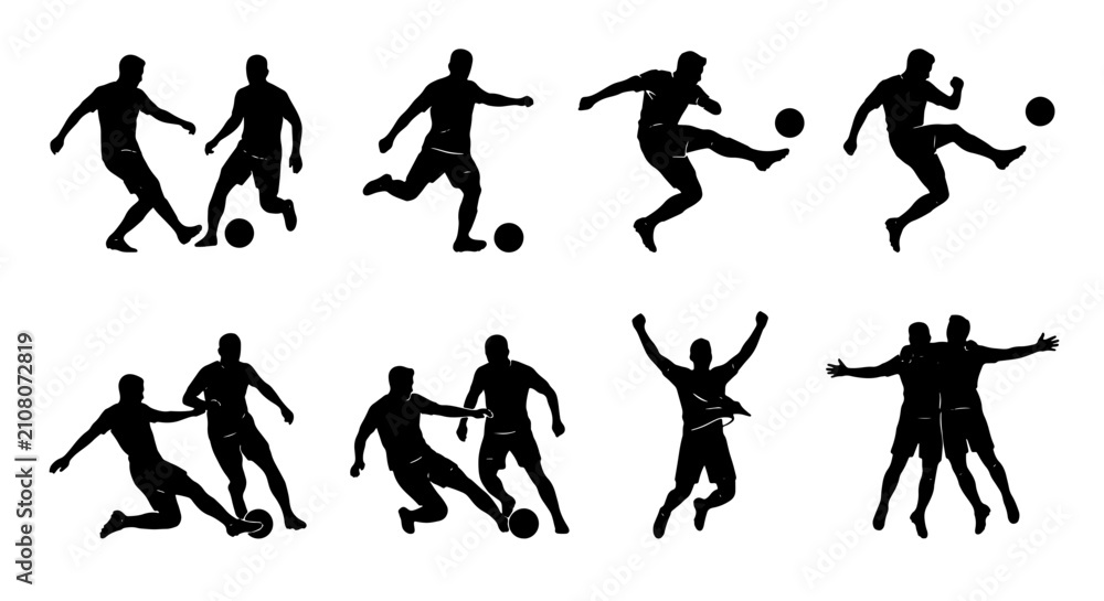 Obraz premium Soccer Player Silhouettes, Dynamic Action Poses, Football Game Figures, Sports Team Athletes, Vector Graphics Set