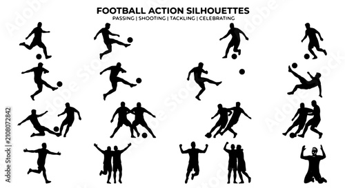 Принти на полотні Football Action Silhouettes Collection, 16 Soccer Player Poses, Passing, Shootin