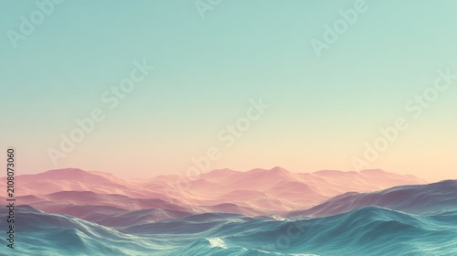Serene scene of ocean waves meeting distant mountains beneath a pastel sunset sky. Suitable for travel, nature, or relaxation themes. The gentle color palette inspires peace and serenity. Great for