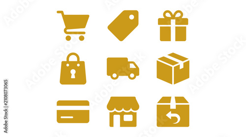 Flat shopping and e-commerce icon set with cart, tag, gift, lock, delivery truck and box vector