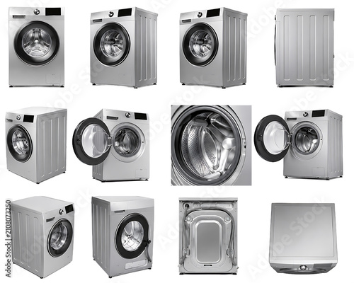 A collection of twelve different angles and views of a silver front-loading washing machine, isolated on a white background, for product display
