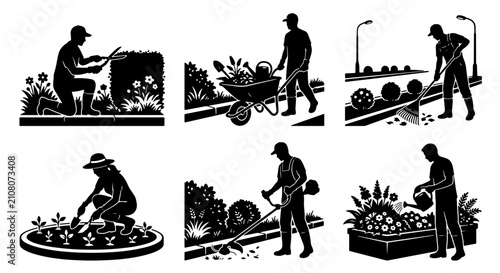 Cuadro en lienzo Gardening Silhouettes Set: Diverse Manual Labor, Lawn Care, Planting, Watering,