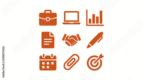Flat business icon set with briefcase, laptop, chart, document, handshake and calendar vector