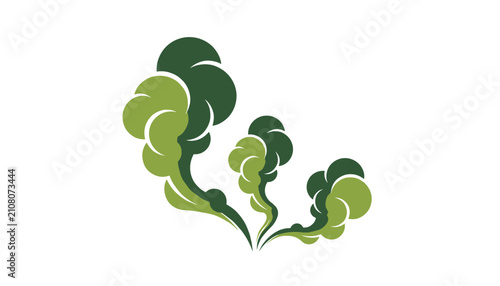 Three rising green smoke puffs representing clean air, nature, steam, or eco friendly gas on white background.