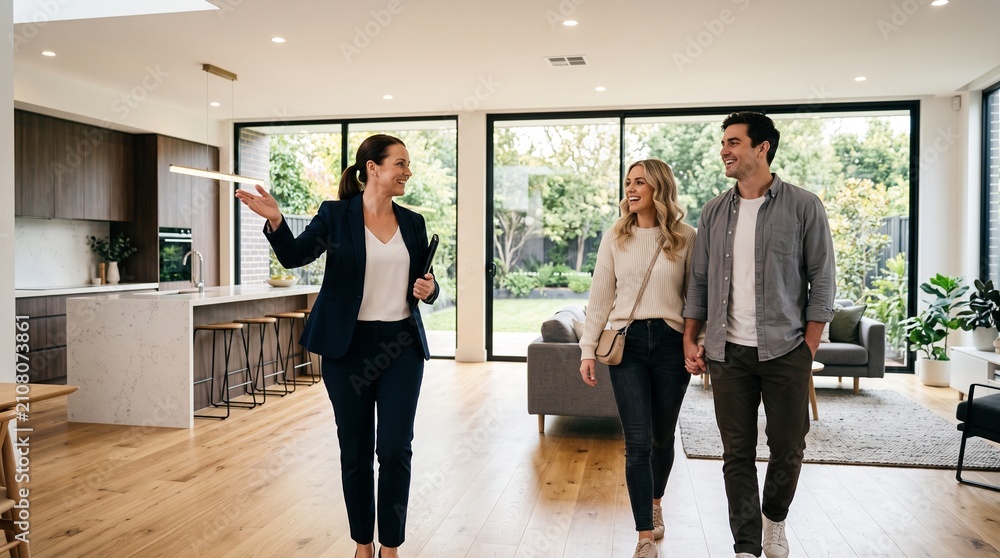 Fototapeta premium Real estate agent shows modern home to happy couple during house viewing