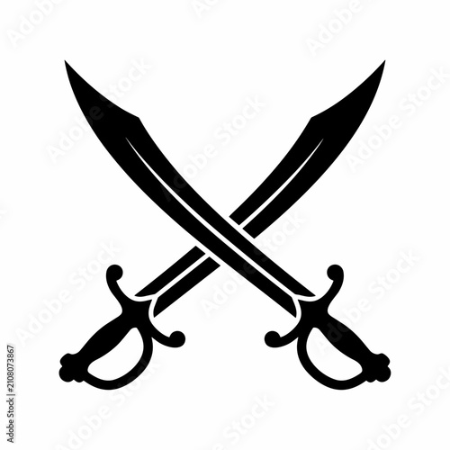 Konstfotografi Two black silhouette sabers crossed in an X shape, depicting a classic pirate or historical combat symbol on a white background
