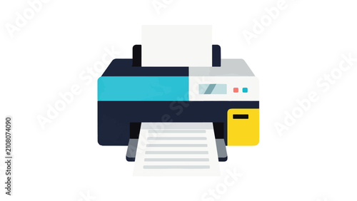 Modern color printer with paper tray and control panel in vibrant blue yellow black and white for office and home printing