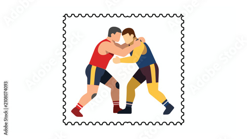 Illustration of two children wrestling on a white postage stamp with colorful shirts and shorts representing childhood play activity