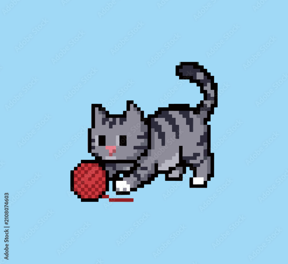 Obraz premium Pixel art grey tabby cat playing with red yarn ball 8-bit retro video game sprite clipart isolated