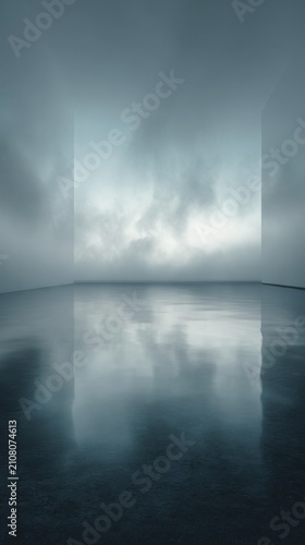 Abstract interior with a reflective floor and an opening to a cloudy sky. Dark blue mood and minimalist design. Use this image to convey concepts like: transition, future, technology, and atmosphere.