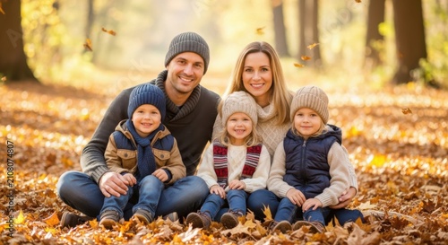 Happy family of five sitting in autumn leaves