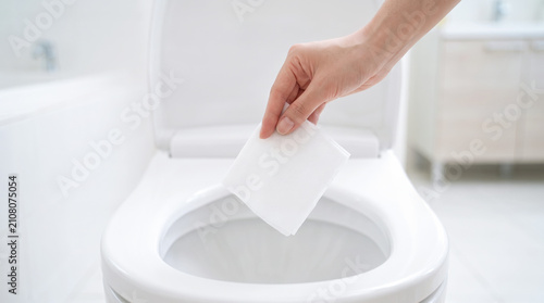 Plakat トイレ掃除で使用した流せるトイレクリーナーを便器に流す様子・清潔で衛生的なトイレお手入れ