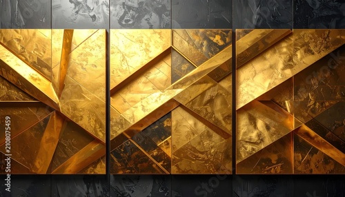 Abstract geometric 3D gold and black wall art panels