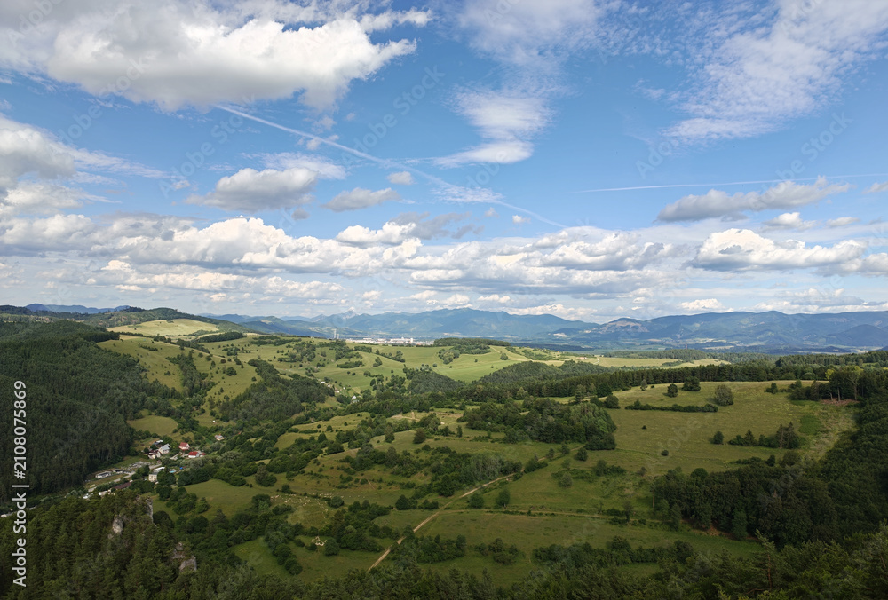 Fototapeta premium Panoramic landscape view of Zilina region, rolling green hills and countryside, Slovakia