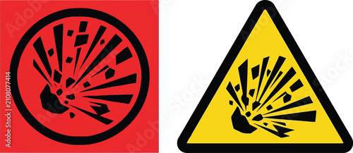 Bild auf Leinwand Explosion hazard warning signs in red circle and yellow triangle icon set