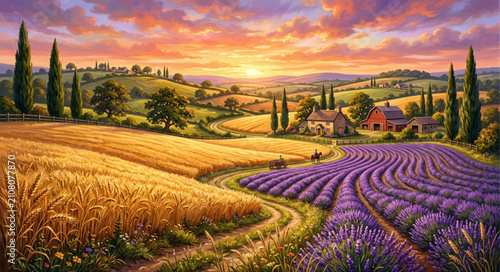 Tuscan landscape illustration with lavender fields and wheat farm, scenic countryside sunset over rolling hills, rural farm house vector art