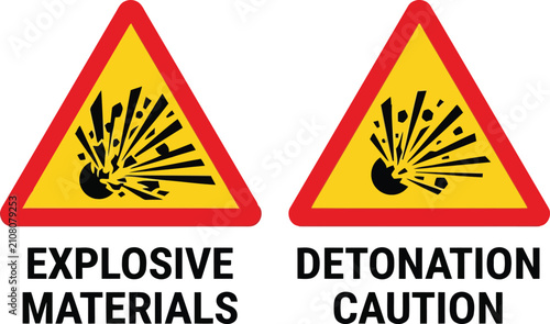 Fotografi Explosive materials and detonation caution triangular warning signs with blast i