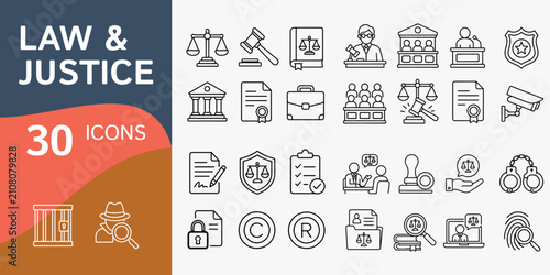Law and justice icons vector line art outline style set of 30 legal symbols including scales gavel judge courtroom contract police badge handcuffs briefcase and crime investigation collection