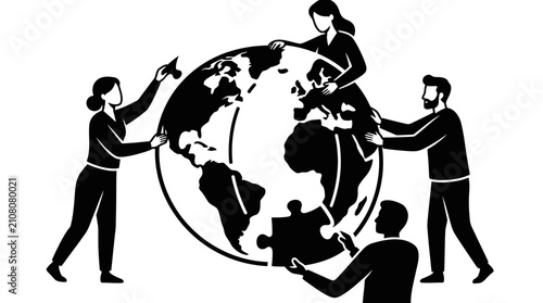 Foto Globe puzzle being assembled by a collaborative team of individuals highlights the necessity of global unity, international cooperation, and solving complex world challenges