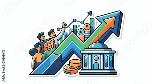 Stylized illustration of financial growth and teamwork around a building