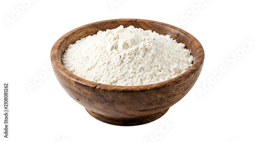 A round wooden bowl filled with fine white flour, isolated on a white background, highlighting the contrast between the wood and the powder