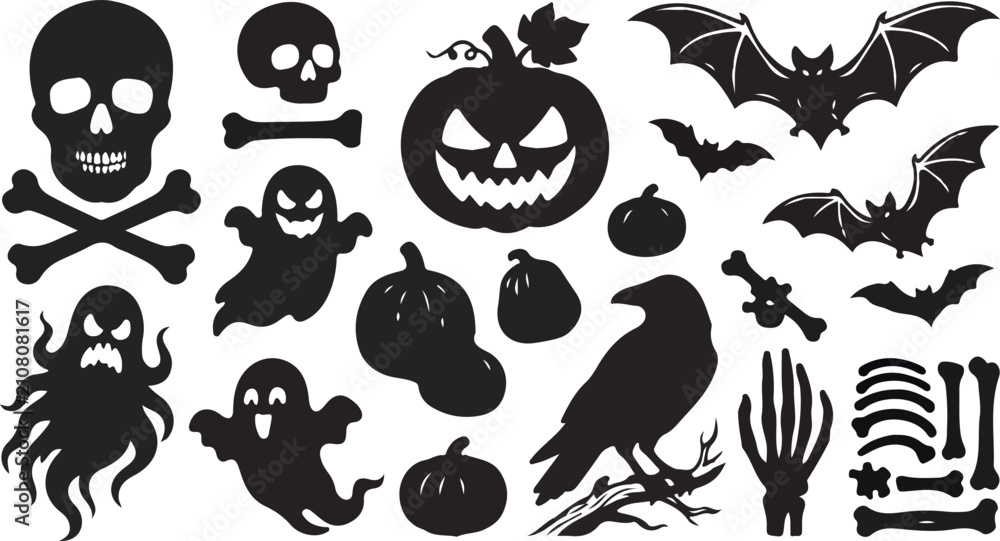 Fototapeta premium Halloween spooky elements vector icons set silhouette