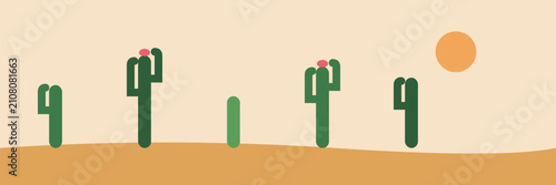 Photos Cactus desert row with sun wide banner in green on sand, Saguaro plants with flo