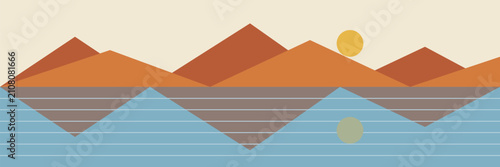 Mountain range reflected in a lake wide banner in terracotta on teal water, Symmetrical peaks with sun mirror, flat vector for landscape poster and travel design