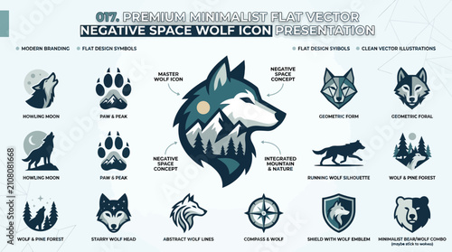 Minimalist Wolf Icon Set: Negative Space, Flat Design, Vector Graphics