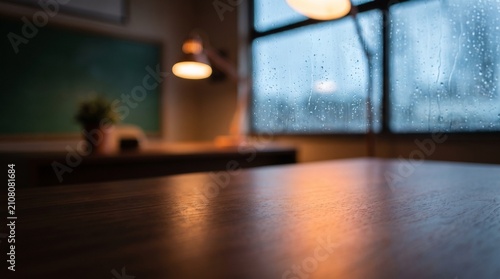 Close-up of a reflective wooden table surface with a blurred background showing a rainy window and warm indoor lighting.