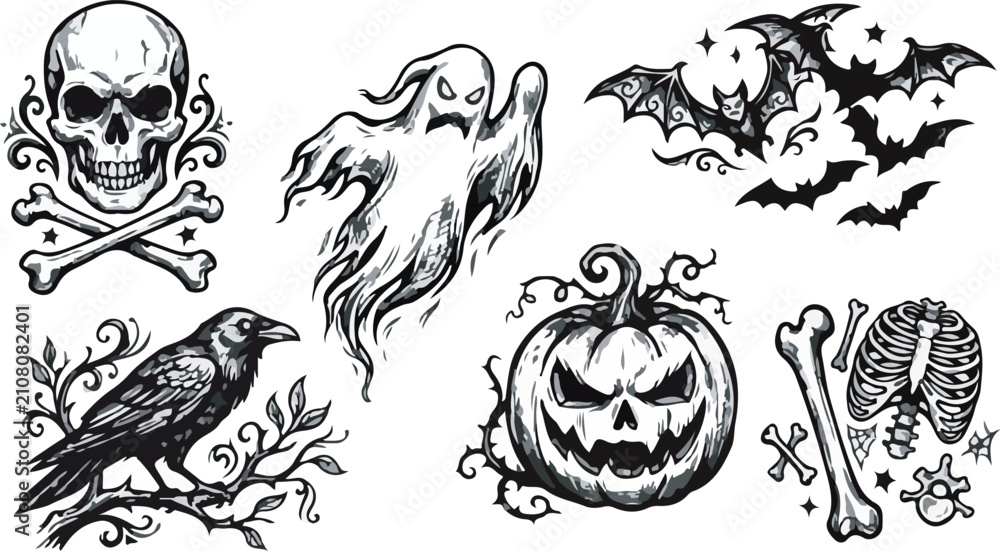 Obraz premium Halloween spooky icons set vector illustration design elements