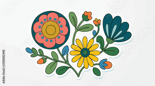 Stylized folk art floral arrangement with distinct petals and leaves