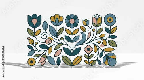 Stylized folk art floral design with muted colors and shadow
