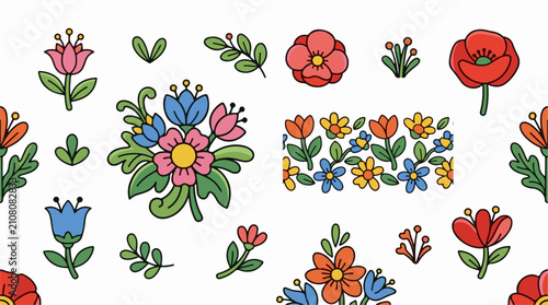 Stylized folk art style floral elements with bold colors and outlines