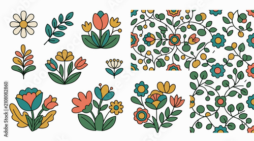 Stylized folk flowers and floral patterns in warm hues