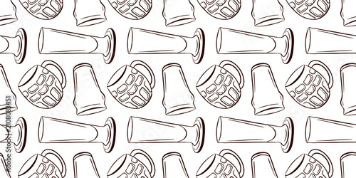 Seamless hand drawn pattern with beer glass mug on white background line art style. Repeatable beverage alcohol drink sketch texture. illustration for kitchen textile wrapping paper design.