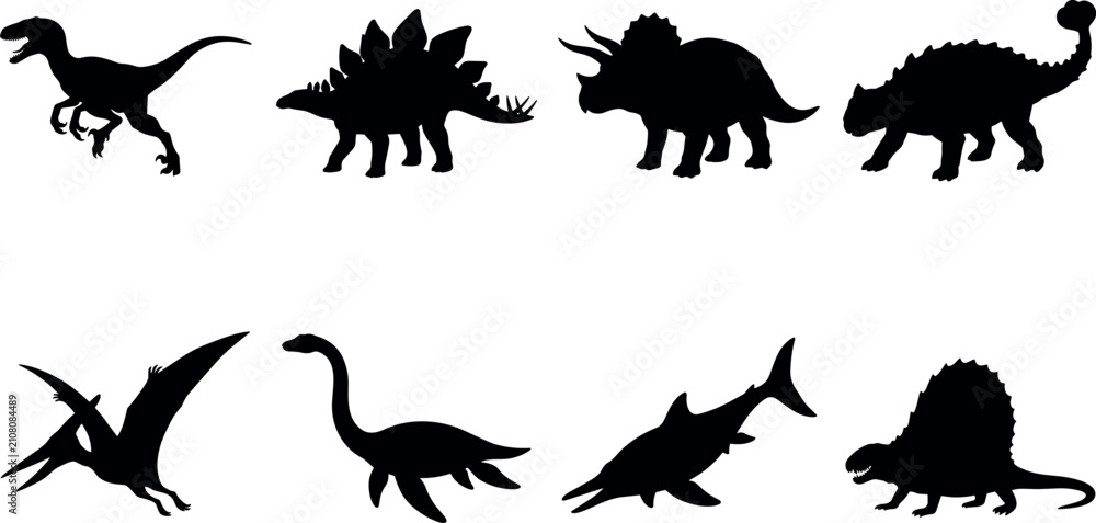 Obraz premium Prehistoric Creature Silhouettes Featuring Dinosaurs, Pterosaurs, and Marine Reptiles