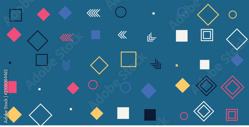 Geometric shapes and icons set on dark blue background. Abstract vector design elements for modern branding and digital projects.