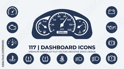 Car Dashboard Icons Set: Speedometer, Gauges, Warning Lights, Flat Vector Design
