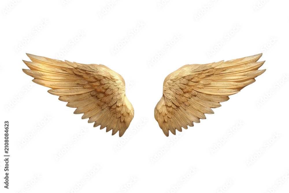 Obraz premium Golden angel wings feathering celestial flight, embodying freedom, divinity, and mythological symbolism on transparency