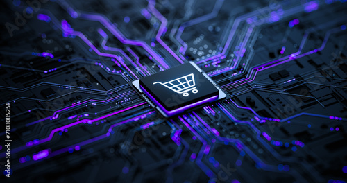 Cuadro en lienzo Online Shopping Technology Concept with Digital Cart Icon on Microchip