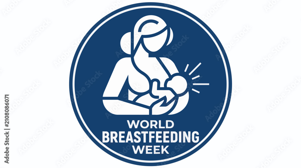 Fototapeta premium World Breastfeeding Week logo featuring mother nursing infant in minimalist navy blue and white circular flat vector for maternal healthcare awareness