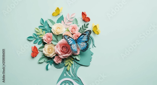 Paper craft art of a woman profile with flowers and butterflies